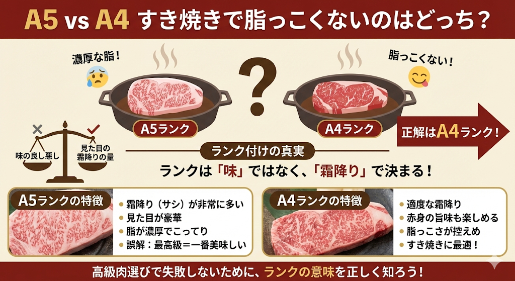 A5ランクとA4ランク、すき焼きで脂っこくないのはどっち？